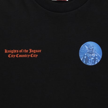 COTTON L/S T-SHIRT_KNIGHTS OF THE JAGUAR ARTWORK BY Abu Qadim Haqq_BLACKxORANGE