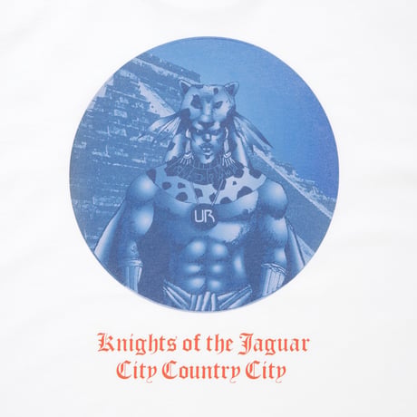 COTTON T-SHIRT_KNIGHTS OF THE JAGUAR ARTWORK BY Abu Qadim Haqq_WHITExORANGE