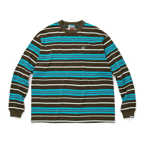 EMBROIDERED LOGO MULTI BORDER L/S T-SHIRT_BROWNxBLUE