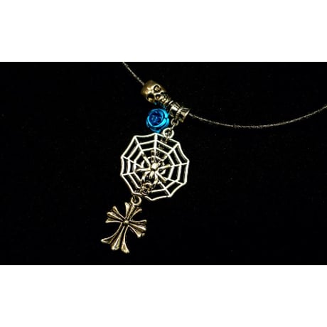 【Hiina Rose】／蜘蛛の巣×ダブルスカル×クロス ネックレス（ブルー）