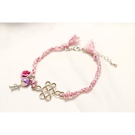 【Hiina Rose】／HINAイニシャル付き！ 三撚紐・四つ編み ブレスレット（花水木）／数量限定販売