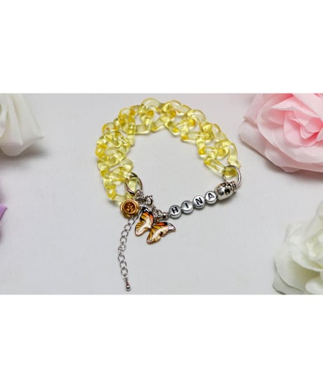 【Hiina Rose】／HINAネーム入り！ アクリルチェーン・バタフライ ブレスレット（クリアーイエロー）