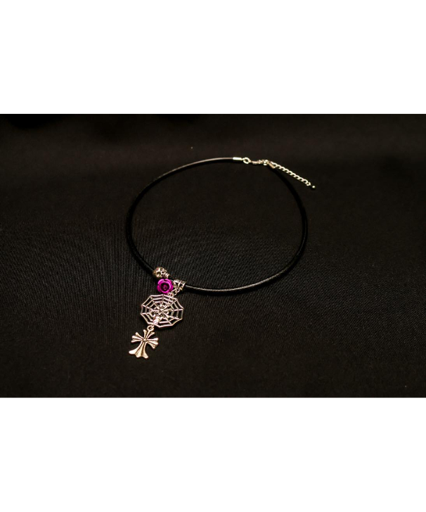 Hiina Rose】／蜘蛛の巣×ダブルスカル×クロス ネックレス（パープル