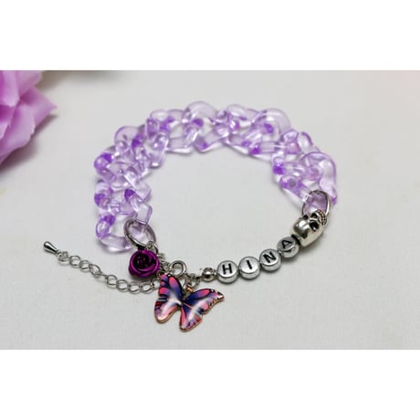 【Hiina Rose】／HINAネーム入り！ アクリルチェーン・バタフライ ブレスレット（クリアーパープル）
