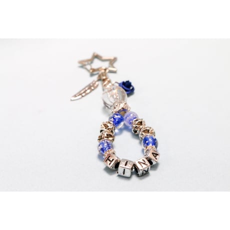 【Hiina Rose】／HINAネーム入り！ガラスビーズ・キーホルダー（ブルー）