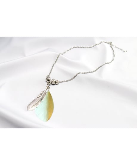 【Hiina Rose】／リアルフェザー×メタルフェザー・チェーン ネックレス（アクア)【数量限定販売】