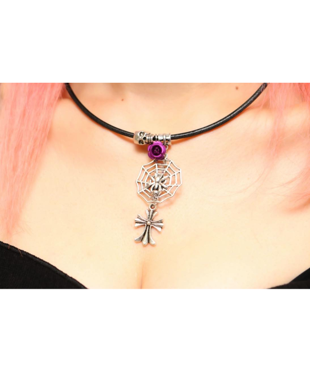 Hiina Rose】／蜘蛛の巣×ダブルスカル×クロス ネックレス（パープル