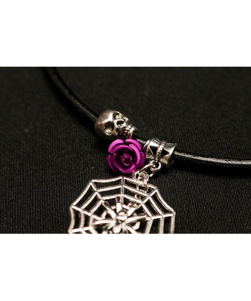 Hiina Rose】／蜘蛛の巣×ダブルスカル×クロス ネックレス（パープル
