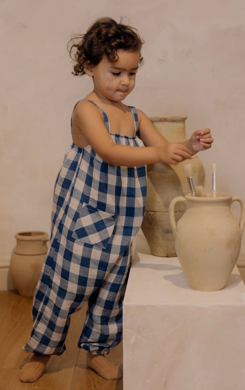 ロンパース・カバーオール organic zoo Blue Gingham Jumpsuit 1-2y organic zoo - Pottery Blue Gingham Artisan Jump