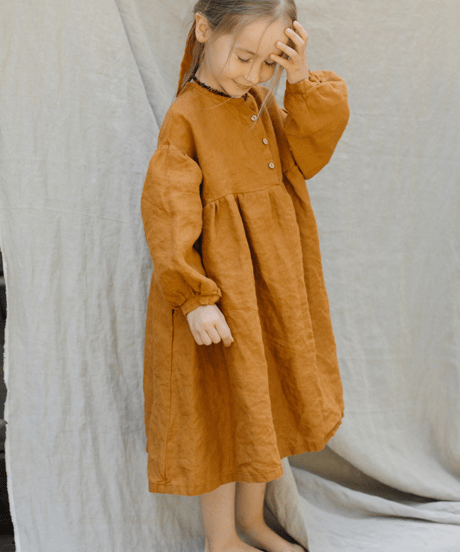 La Petite Alice- Linen Girl Dress Birdie with Bishop Sleeve(6m〜12m)