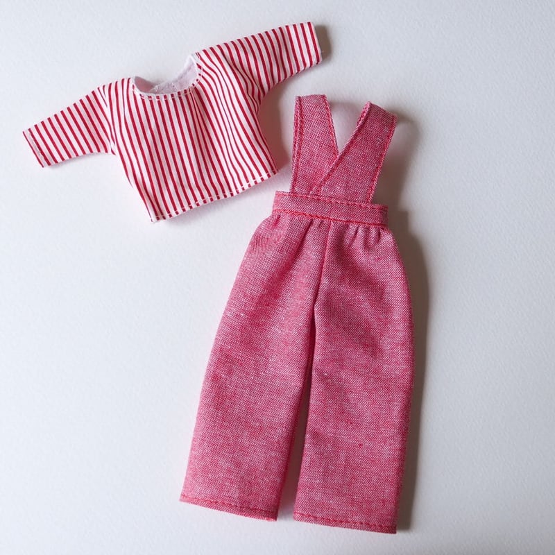 22cmドール服 カットソーとデニム風サロペット レッド 250 | icocca