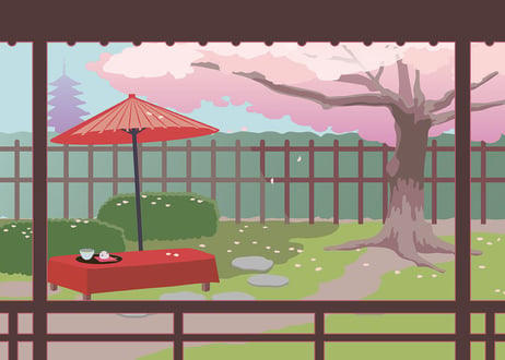 背景スクリーン（桜の見える縁側）