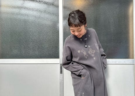 コットンリブワンピース×トライバル刺繍（black）　-アップサイクル古着-
