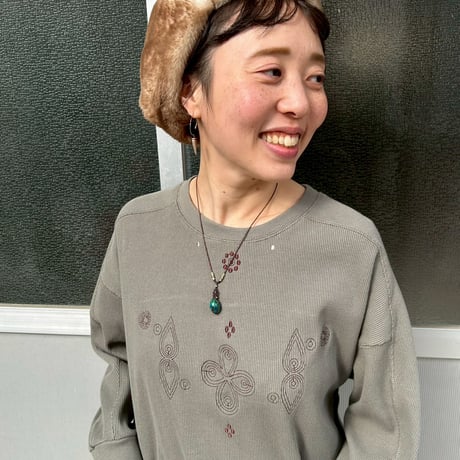 コットンリブワンピース×トライバル刺繍（green）　-アップサイクル古着-