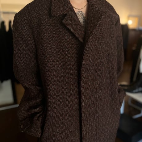 80's tweed long coat brown