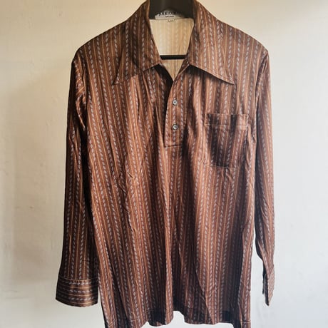 80's〜70's totalpattern polyester shirt brown×light blue