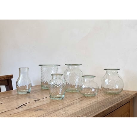 GLASS FLOWER VASE【壺型/small】 clear/olive/浅葱