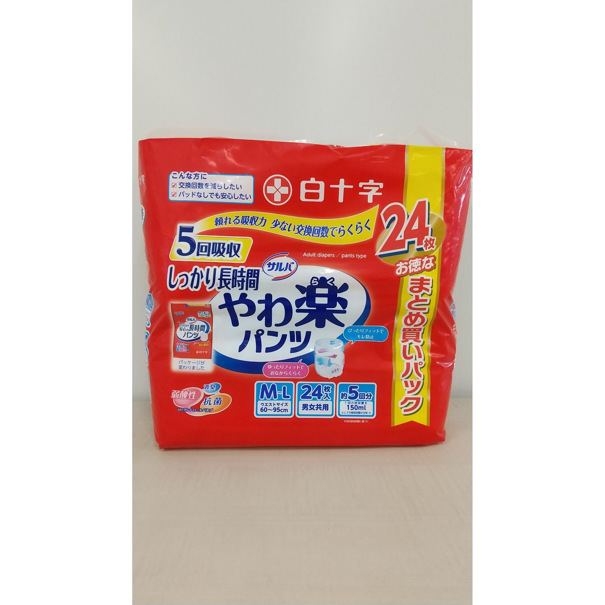 サルバ　やわ楽　パンツ　しっかり　長時間　5回吸収　l-llサイズ　やわらく 白十字 サルバ やわ楽パンツ しっかり長時間 5回吸収 M-L 24枚入 6個