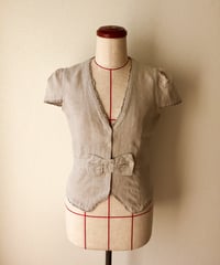 ベルギーリネンのフリルリボンガーリー半袖ジャケット ◇ ブラウス 天然素材 ヨーロッパリネン 生成