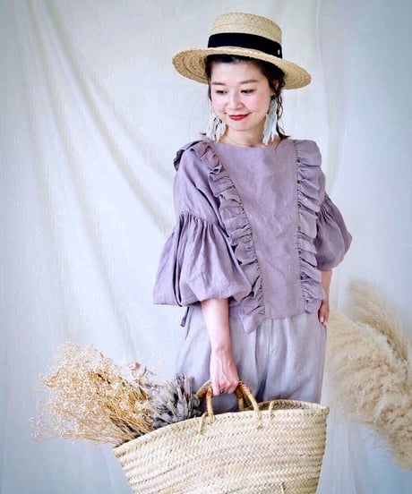 あなただけの一着に育つ服 ◇ イタリアンリネン フリル ボリューム ハイウエストパンツ テーパード スタッズ 天然素材