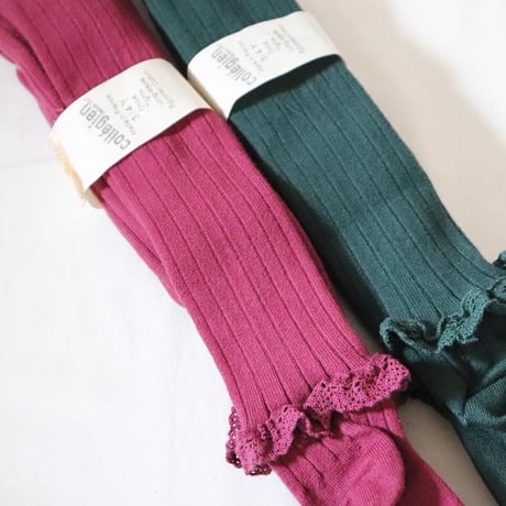 Collegien Lace Frill Ribbed Tights   〈Vert Foret〉