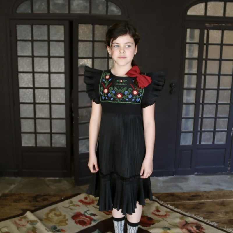 Bonjour Dress pleated black taffetas | hanakao