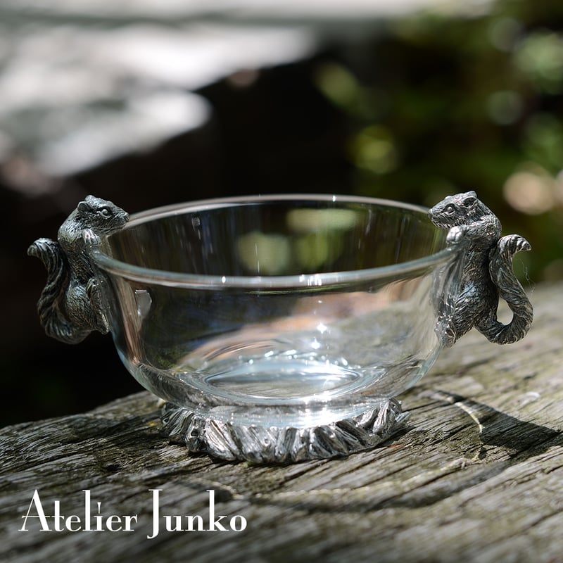 アトリエジュンコ　リスの装飾付き ガラスボウル 2連スタンド スプーン付 ディップボウル リス Dip Bowl Squirrel | Atelier Junko EC