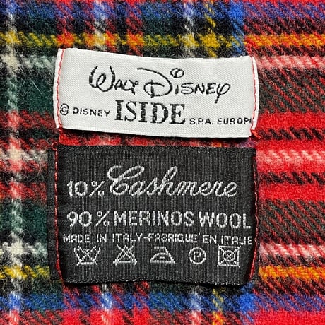 ▲訳あり商品▲ MADE IN ITALY製 WALT DiSNEY ISIDE S.P.A. EUROPE ミッキーマウス刺繍タータンチェック柄ウールカシミヤマフラー レッド