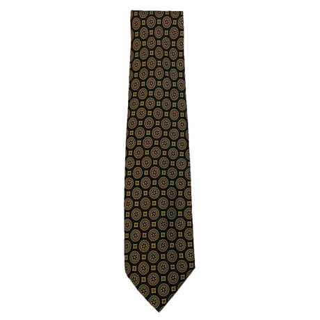 MADE IN ITALY製 a.testoni 総柄シルクネクタイ ダークグリーン×キャメル