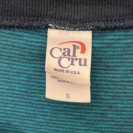 MADE IN USA製 Cal Cru ポケット付きクルーネックボーダーTシャツ グリーン×ネイビー Sサイズ