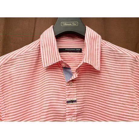 【BARNEYS NEWYORK 取り扱い】 ▲訳あり商品▲ MADE IN ITALY製 POGGIANTI 1958 長袖ボーダー柄コットンリネンシャツ レッド×ホワイト Mサイズ