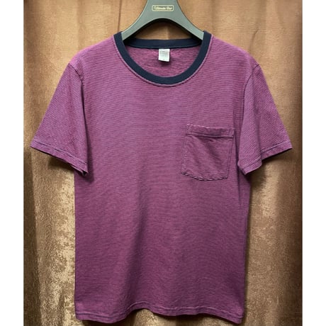 MADE IN USA製 Cal Cru ポケット付きクルーネックボーダーTシャツ ピンク×ネイビー Mサイズ