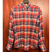 MADE IN JAPAN製 Maker's Shirt 鎌倉 チェック柄 リネン100% 長袖ボタンダウンシャツ レッド 39-15 1/2サイズ