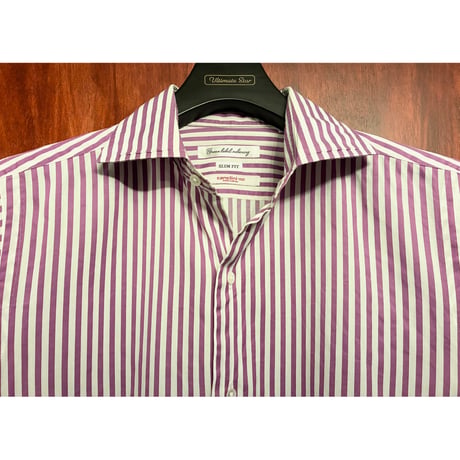 GREEN LABEL RELAXING SLIM FIT Canclini 1925生地 ストライプ柄 長袖シャツ ホワイト×パープル 40サイズ