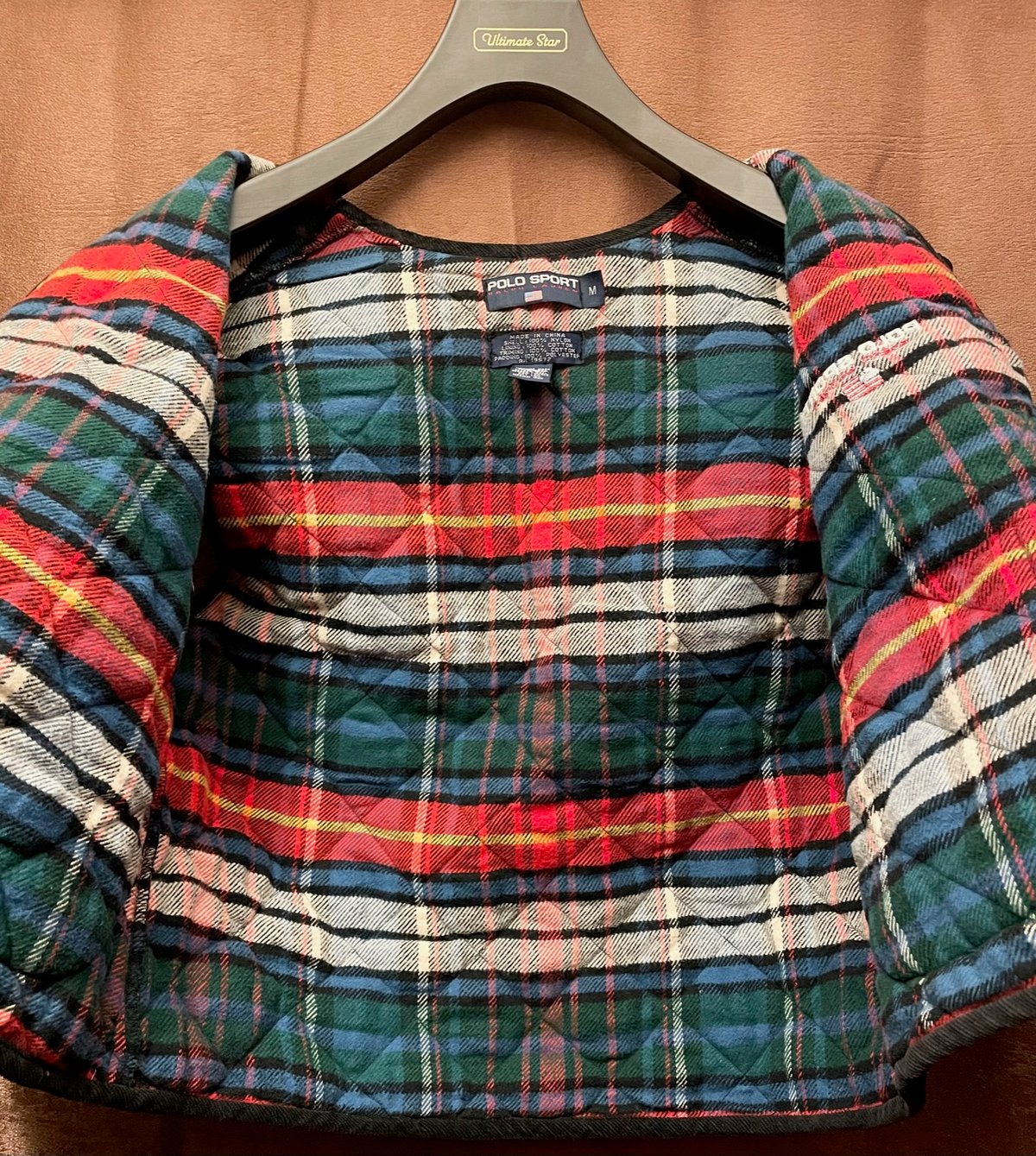 90s POLO SPORT 裏チェック柄キルティングベスト ブラック Mサイズ