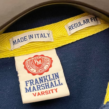 MADE IN ITALY製 FRANKLIN MARSHALL VARSITY 襟ライン半袖鹿の子ポロシャツ ネイビー×イエロー XSサイズ