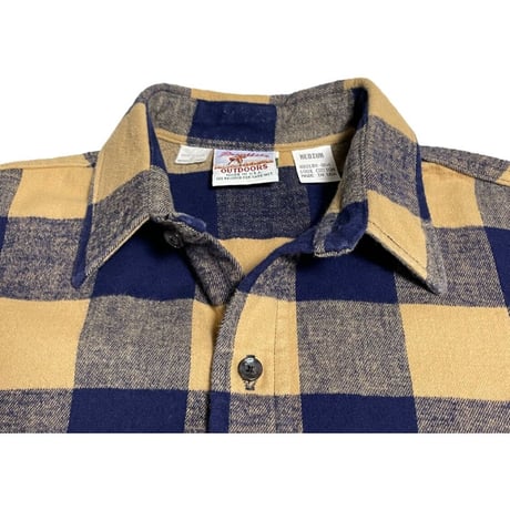 MADE IN USA製 80's Prentiss OUTDOORS 長袖ブロックチェック柄ネルシャツ ネイビー×キャメル Mサイズ