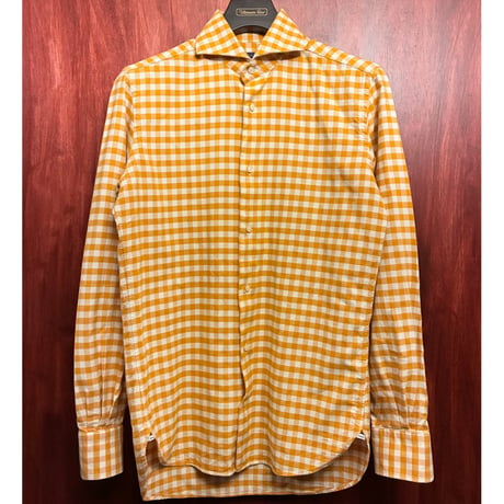 MADE IN ITALY製 DANOLIS per BEAMS F SLIM FIT ギンガムチェック柄 長袖シャツ オレンジ×ホワイト XSサイズ