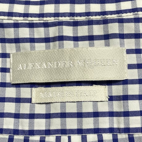 ▲訳あり商品▲ MADE IN ITALY製 ALEXANDER McQUEEN 半袖ギンガムチェックシャツ ブルー 48サイズ
