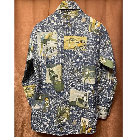 希少 レア品 KENNINGTON 70s DISNEY オリンピックプリント長袖総柄シャツ ネイビー Lサイズ