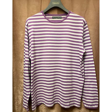 MADE IN JAPAN製 International Galleary BEAMS クルーネックボーダー柄長袖Tシャツ パープル×ライトグレー Lサイズ