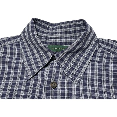 MADE IN ITALY製 CANALI 長袖チェックシャツ ネイビー 37-14 1/2サイズ