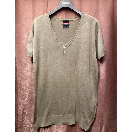 SWAGGER ヘンリーVネックニットTシャツ ブラウン Lサイズ