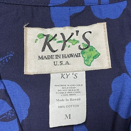MADE IN HAWAII製 KY'S ビール柄アロハシャツ ネイビー Mサイズ