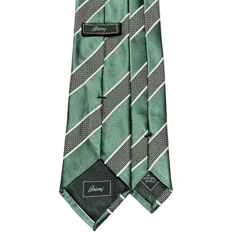 MADE IN ITALY製 Brioni HANDMADEレジメンタルストライプ柄シルクネクタイ グリーン