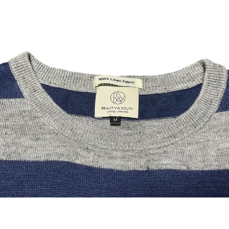 BEAUTY & YOUTH UNITED ARROWS ボーダー柄半袖リネンニットシャツ グレー×ネイビー Mサイズ