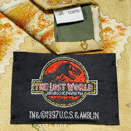 レア MADE IN JAPAN製 90s THE LOST WORLD JURASSIC PARK 総柄シルクネクタイ シャンパンゴールド