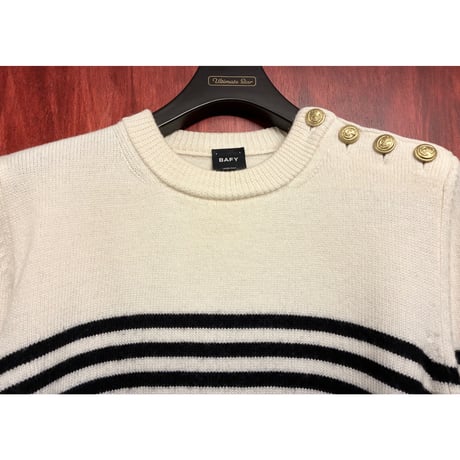MADE IN ITALY製 BAFY ボーダー柄 クルーネックウールセーター アイボリー×ブラック 48サイズ
