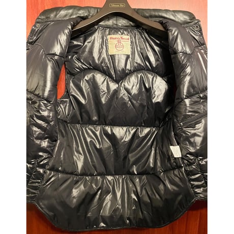レア品 AMERICANWEAR GMBH × Harris Tweed レザーコンビチェック柄ウールダウンベスト グレー×ブラック Mサイズ
