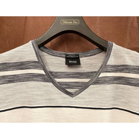 BOSS HUGO BOSS VネックボーダーTシャツ ホワイト×ネイビー Lサイズ